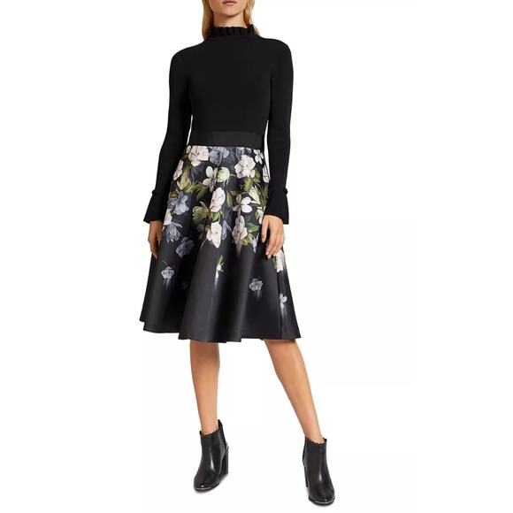 Ted Baker Nerida Floral Print Fit and Flare Contrats Dress Size S Long Sleeves - Picture 4 of 15